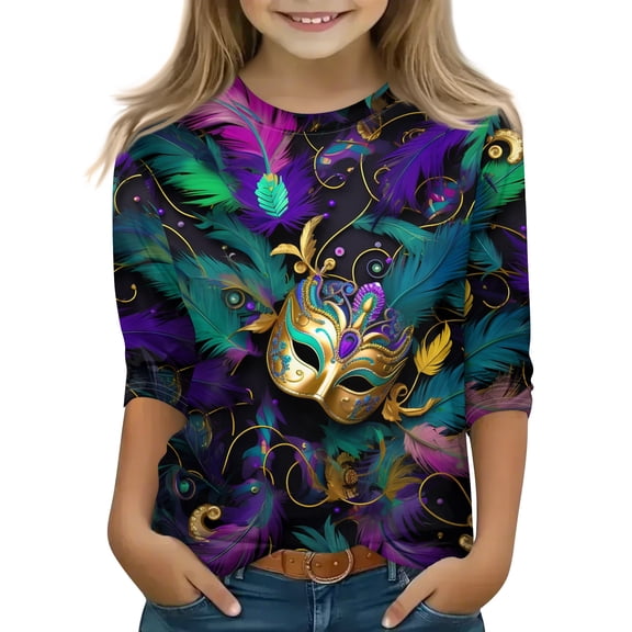 Kids Girls Mardi Gras 3/4 Sleeve Shirts - New Orleans Carnival Fat Tuesday Graphic Tops, Soft Casual Sequin Mask Holiday Matching Blouse Outfits