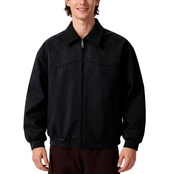 Wutalume Men's Retro Canvas Cargo Jacket with Corduroy Lapel, Metal Zipper, and Side Pockets, Vintage Design for Casual Outfits, Durable and Functional for Everyday Use,Black L