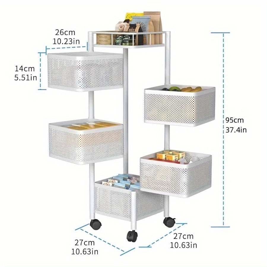 5 Tier Rotating Kitchen Storage Shelf, Metal Fruit Vegetable Storage Basket Multi-Layer Vegetable Rack Storage Trolley on Wheels, Floor-Standing Basket for Kitchen Bathroom, Square