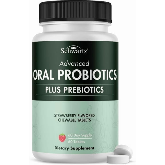 Oral Probiotics Supplement with Prebiotics - Supports Healthy Teeth Gums Mouth and Fresh Odorless Breath for Adults - Strawberry Flavored Chewable Dental Probiotic (60 Tablets, 60 Day Supply)