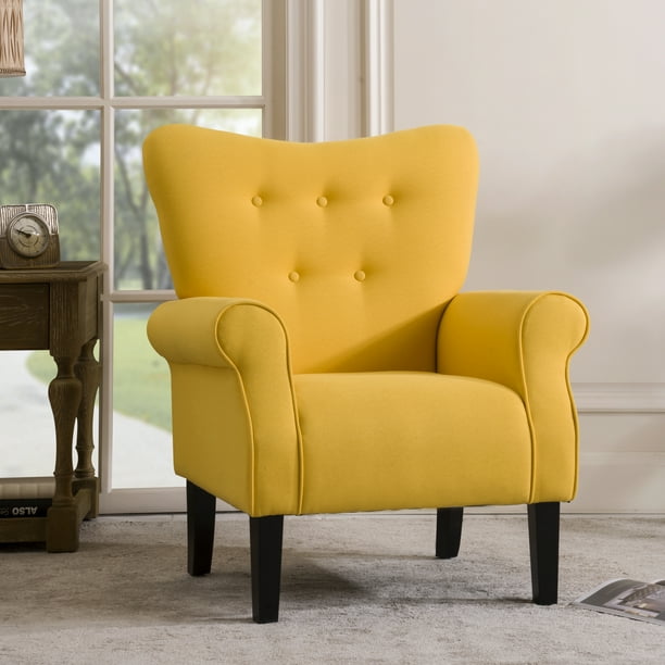 Modern Upholstered Accent Chair High Back Armchair Roll Arm Single Sofa With Wooden Legs For Living Room Bedroom Club Office Yellow Com Armchair Roll Arm Single Sofa Chair, Roll Arm Chair