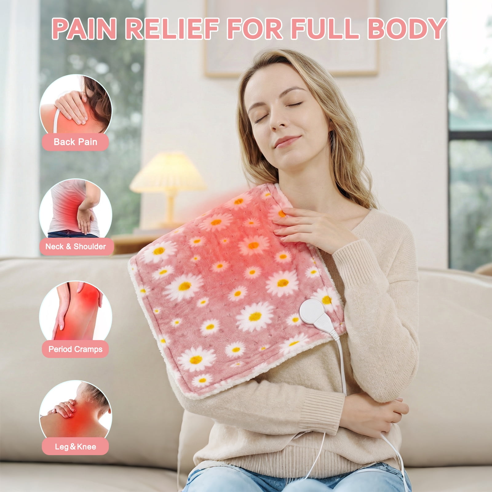 Daisy Heating Pad for Back Period Cramps Neck Shoulder Pain Relief Portable Electric Heat Pads Pink Stuff Gifts Ideas, Funny Useful Self Care Christmas Birthday Gift for Women Mom Her Wife Girlfriend