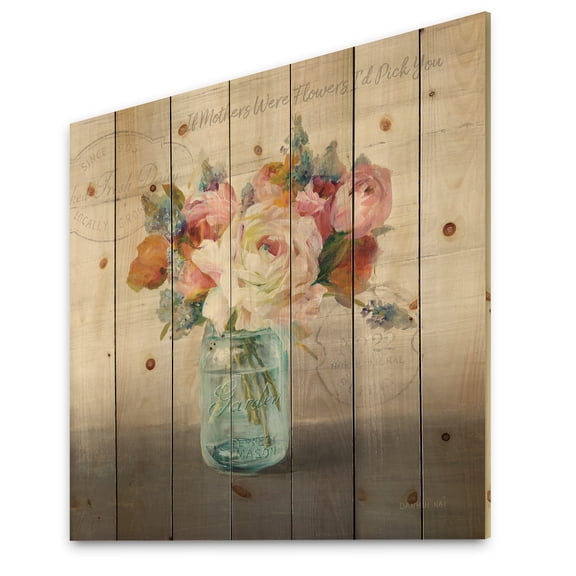 Designart 'French Cottage Bouquet II Mothers' Cottage Print on Natural Pine Wood