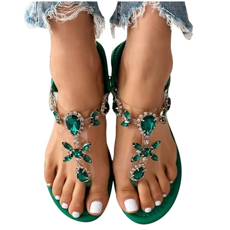 

Thong Flat Sandals Casual Beaded Flower Rhinestone T Strap Dress Sandals Adjustable Ankle Buckle Dress Thong Sandals for Women Summer Wedding