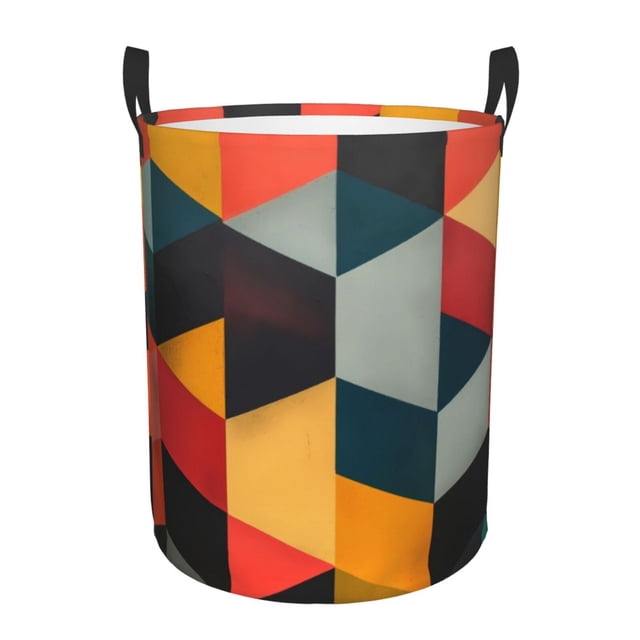 Balery Geometric Cube Pattern Art Cesta de ropa redonda con asas, impermeable, independiente, para ropa, juguetes, dormitorio y familia-Small