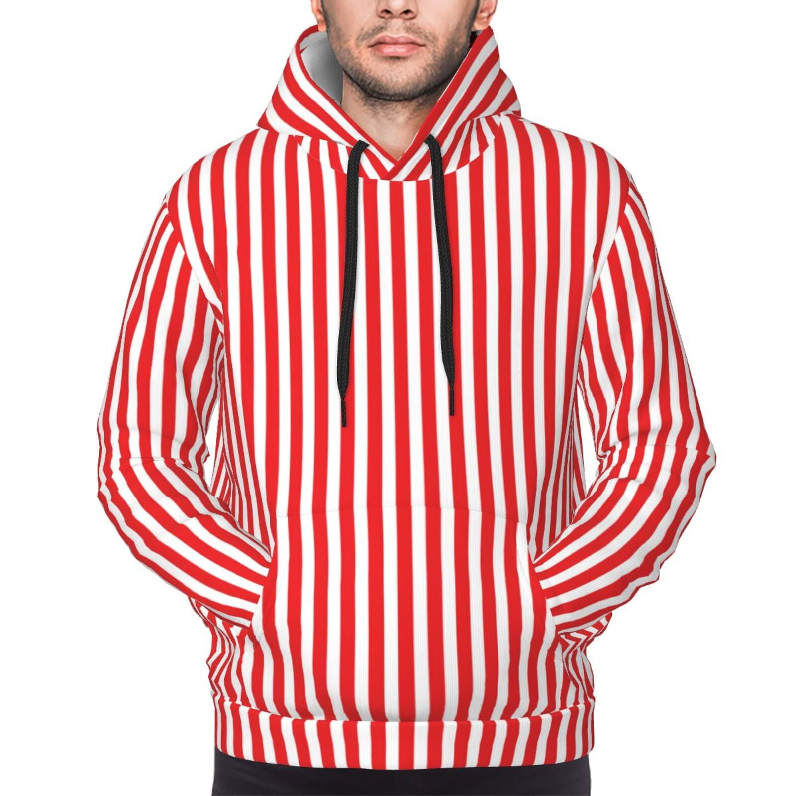 KLL Red And White Stripes Print Mens Hoodie Long Sleeve Casual