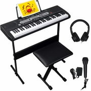 SKONYON 61 Key Beginners Electronic Keyboard Piano Set with LED Screen, Recorder, 3 Teaching Modes, Stand, Bench, Built-In Speakers, Headphones (Black)