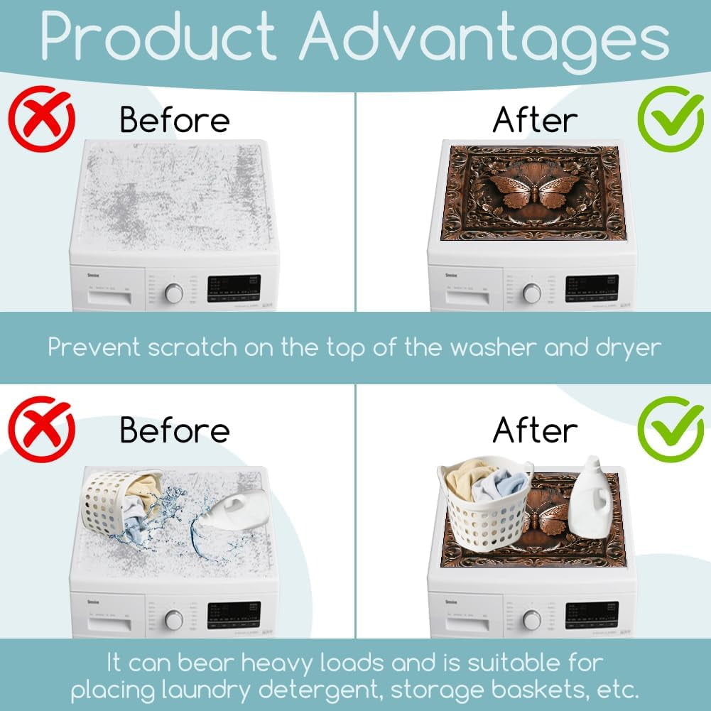 3D Wooden Butterfly Laundry Washer Dryer Dust Cover Mat 23.6x23.6inch Retro Wood Carving Effect Washing Machine Top Protector Pads