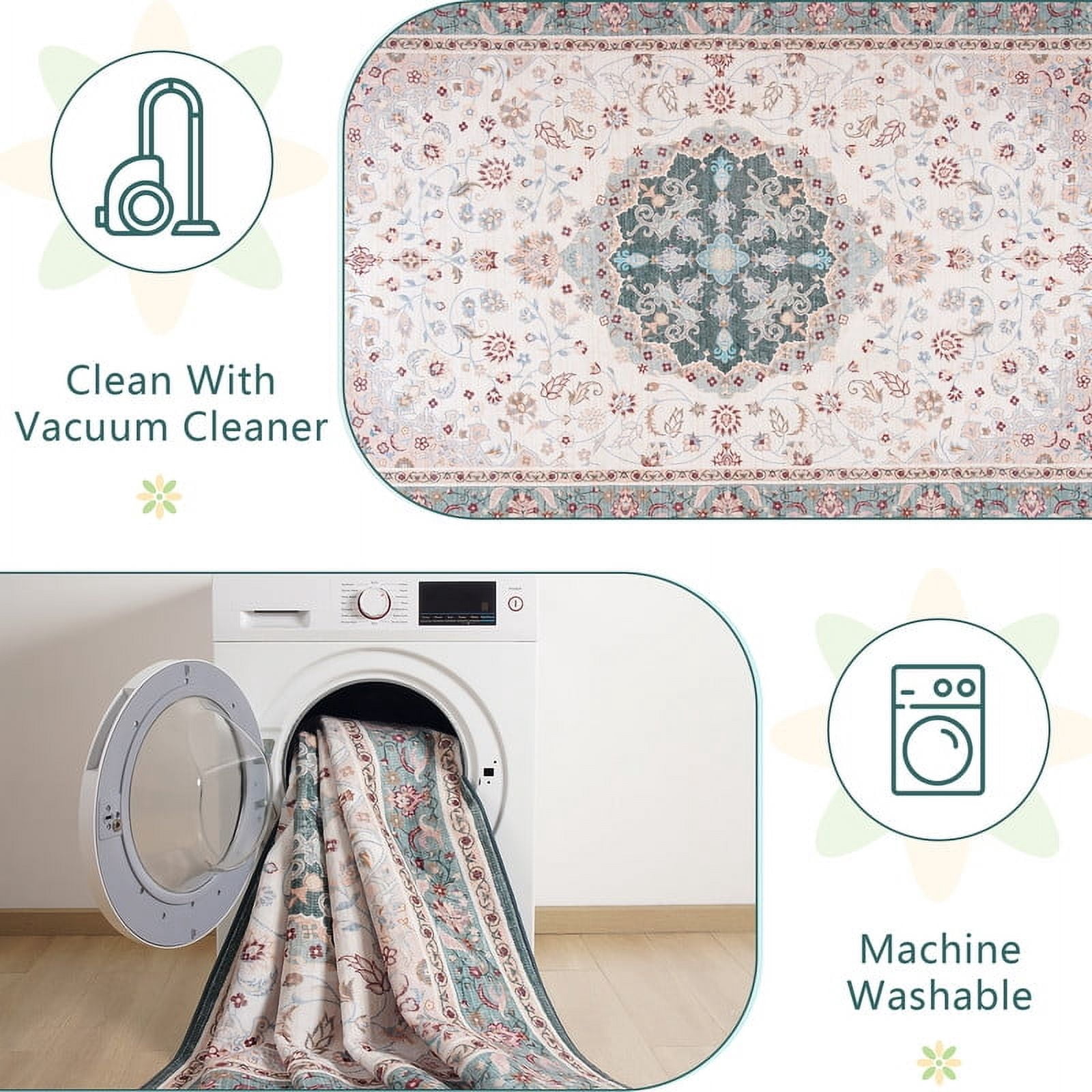 Jamfeel Area Rugs Vintage Floral Printed Washable Non-slip Carpets Foldable Thin Low Pile Rug for Living Room Bedroom 5'x8' Green