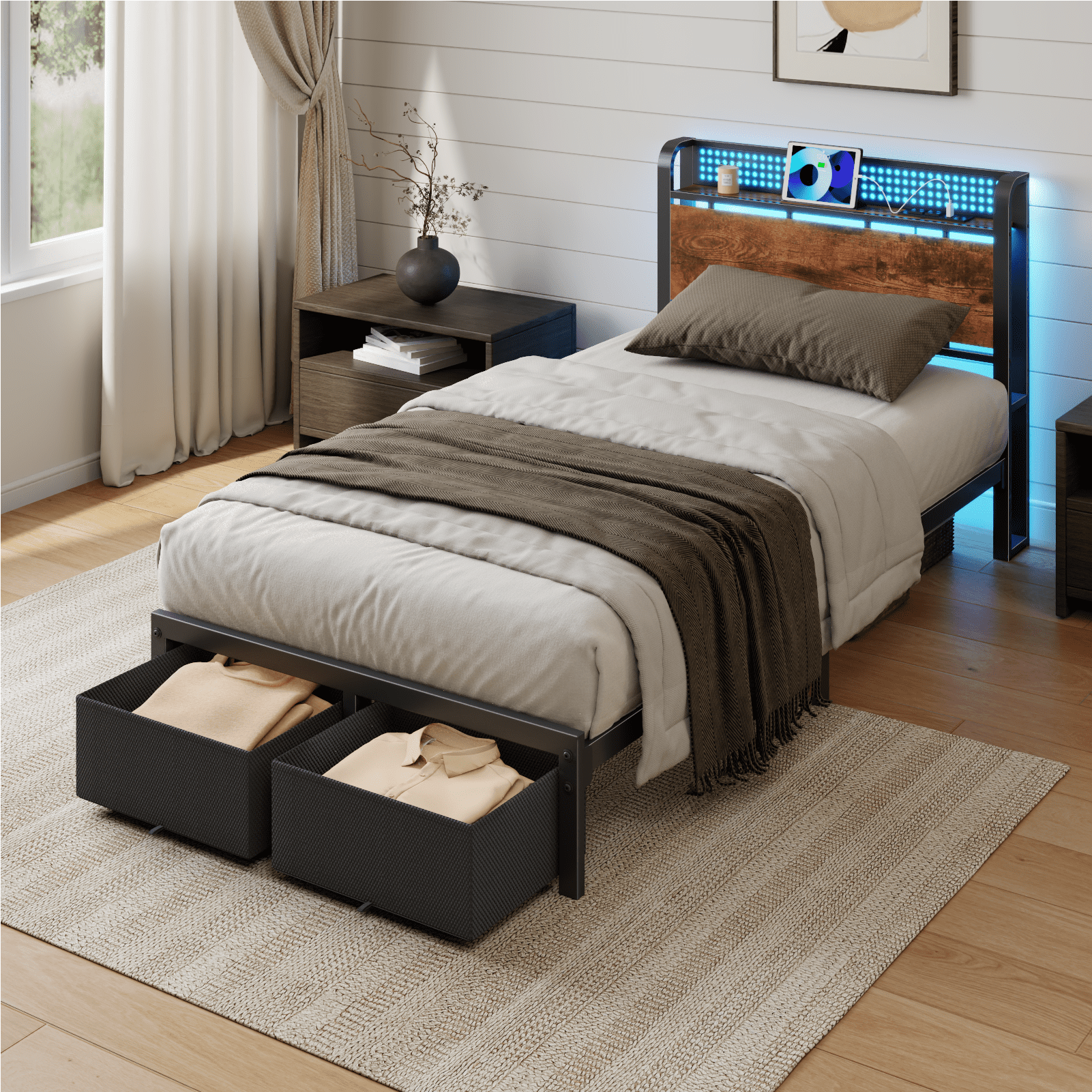 Satifur Twin Bed Frame with 2 Drawers & Storage Headboard, Platform Metal Bed with Charging Station, No Box Spring Needed