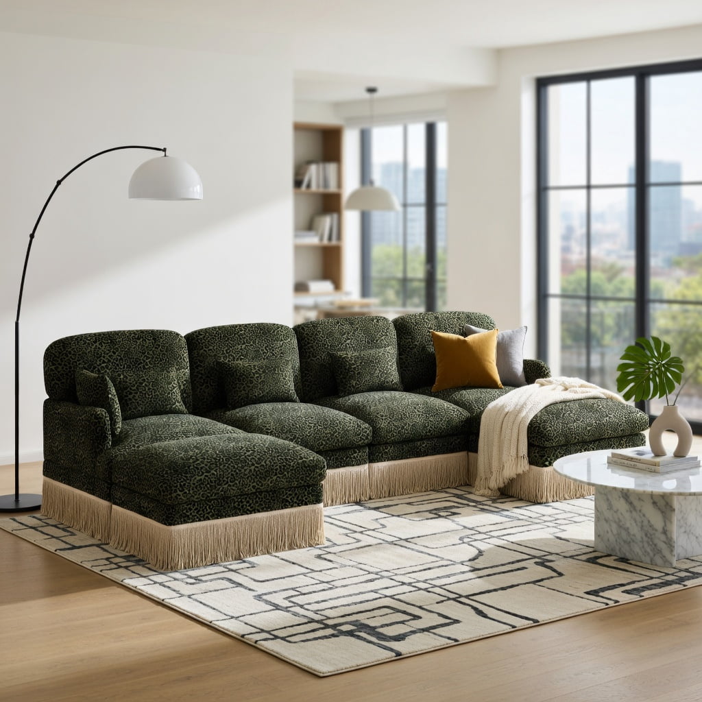 Hommoo 131" U-Shaped Chenille Leopard Print Sofa Set with Movable Ottomans, Tassel Trim & Ergonomic Deep Seat, Modern Living Room Sectional, Green Black