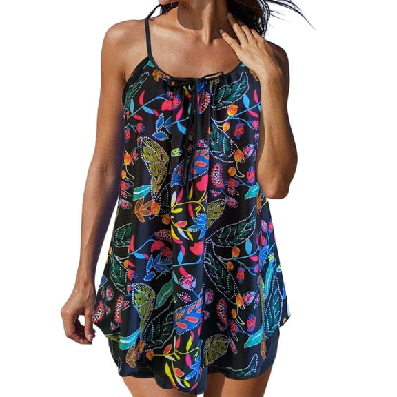 ibiyuan Plus Size Tankini Swimwear Two Piece Bathing Suit Tummy Control Swim Dress Slimming Ruffle Swimwear Tie Dye Swimsuits for Women,Black
