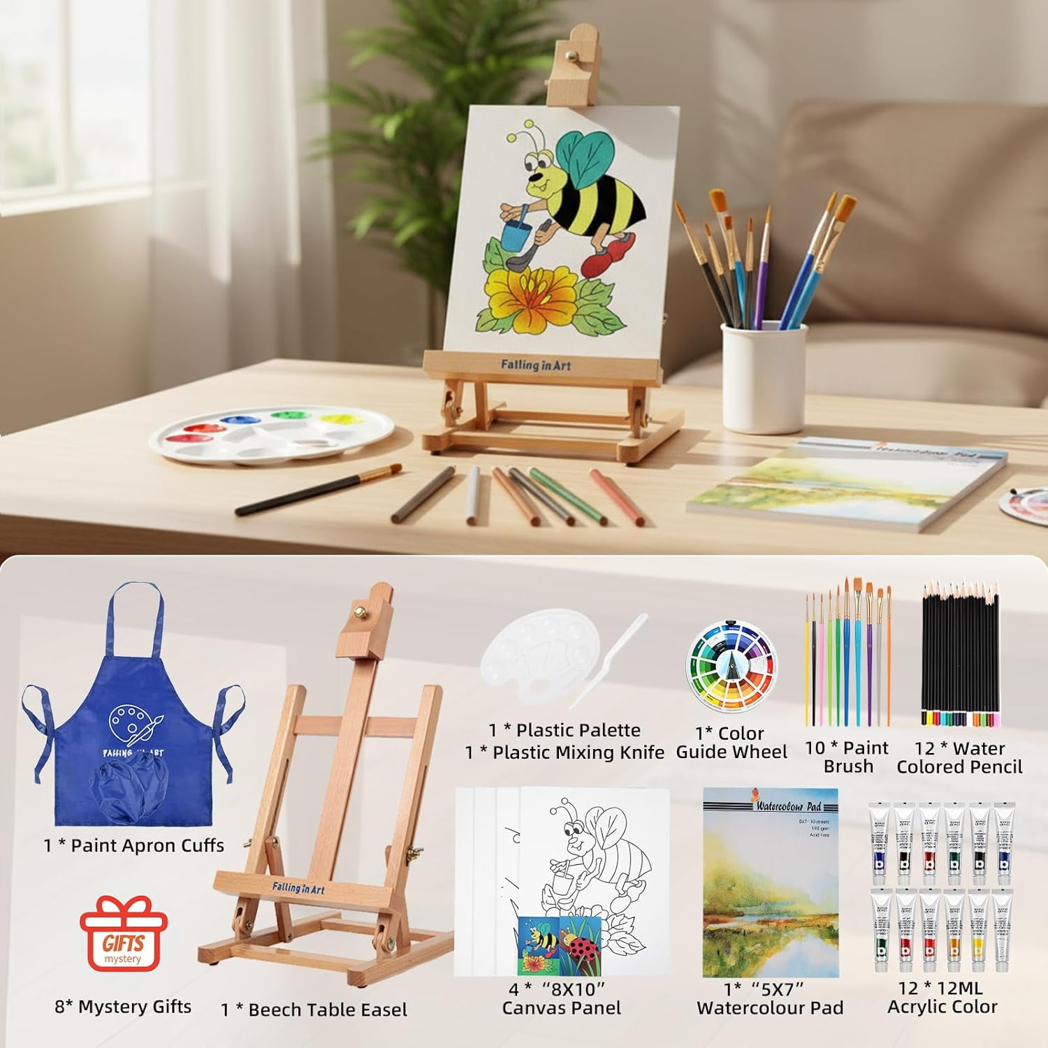 Kids Acrylic Painting Starter Kit with Table Easel, 52-Piece Art Set Including Paints, Brushes, Canvas Panels and Art Smock for Beginners