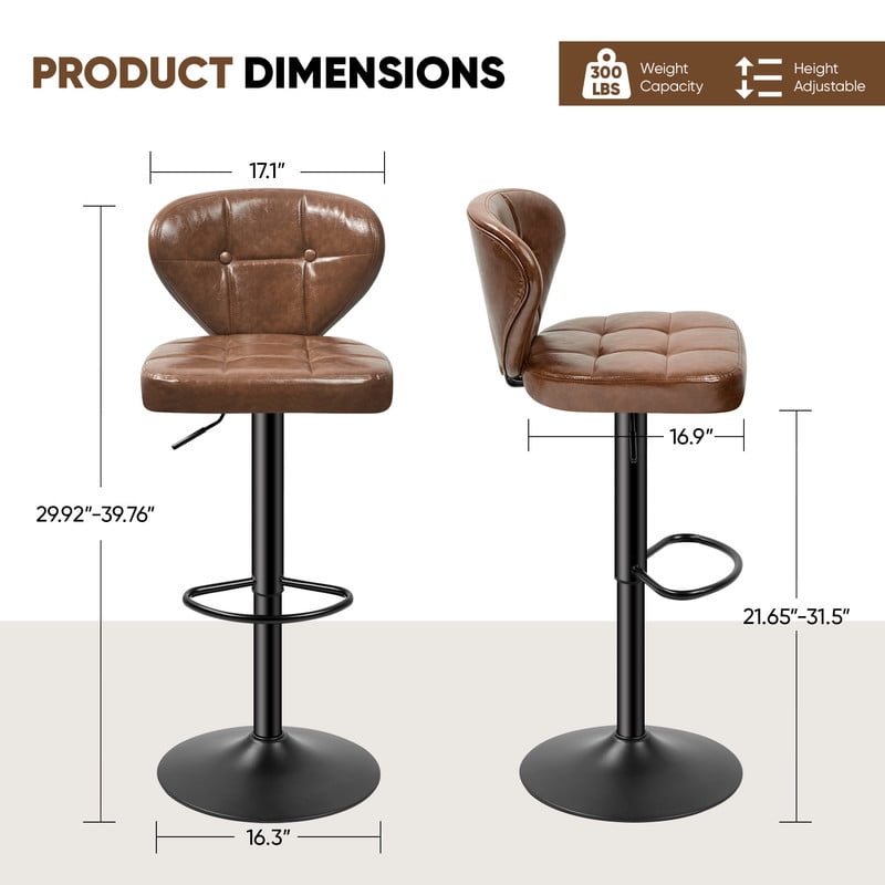 Daluvenix Bar Stools with Back Sets of 2 ,Modern Barstools Adjustable Faux Leather Upholstered Swivel Bar Stools, Counter Height Bar Chairs with Back for Kitchen Island,Brown