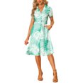 thumbnail image 2 of INSPIRE CHIC Women's Tropical Print Dress Lapel Collar V Neck Belted Shirt Midi Dress Light Green XS, 2 of 5