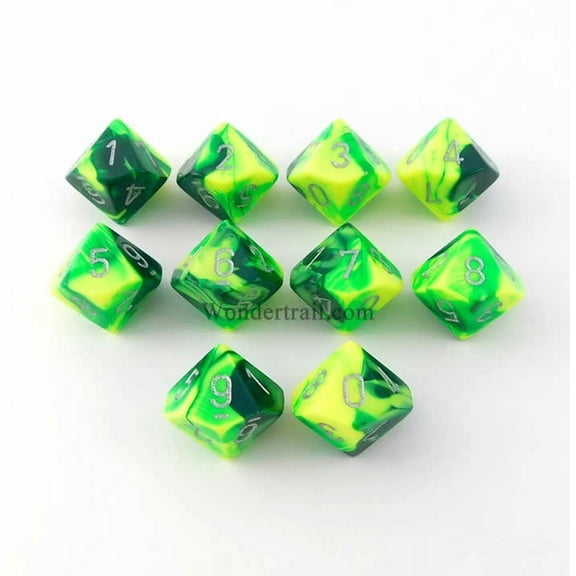 Green and Yellow Gemini Dice with Silver Numbers D10 16mm (5/8in) Pack of 10 Dice Chessex