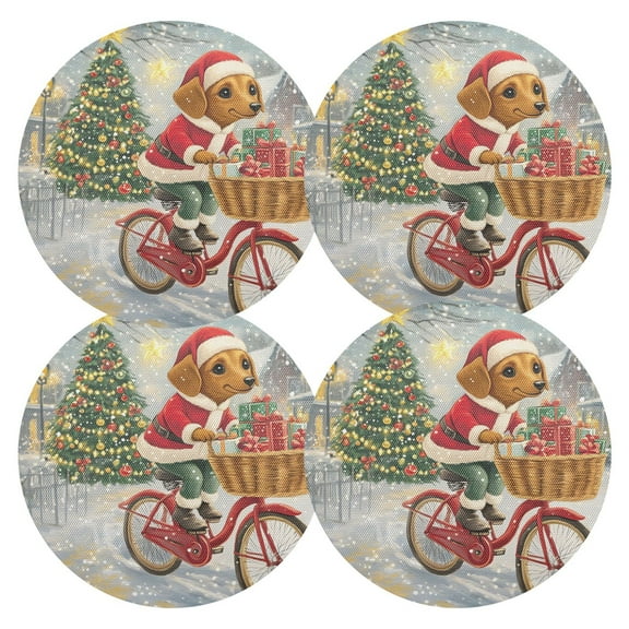 Ryvnso Dachshund Dog Riding in Chrisstmas Round Plate Mats Dining Table Placemat Set of 4 for Holiday Decoration