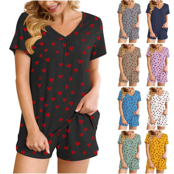 FRSASU Women's Pajamas Set 2 Piece Red Heart Print Short Sleeve V Neck Top with Shorts Sleepwear Casual Soft Loungewear Yellow XL(XL)