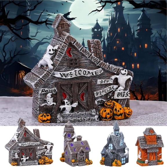 Noothes Halloween Village House Figurine with Ghost Pumpkin, Resin Halloween Decorations Miniature Collectible for Indoor Outdoor Party Display
