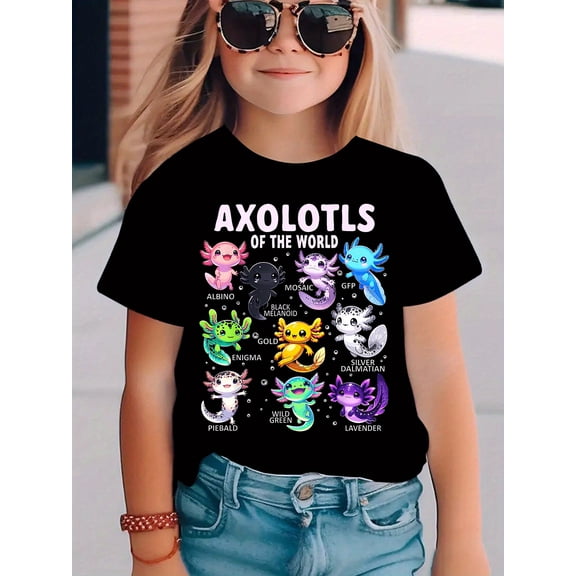 children’s wear Cute Axolotls of the World Graphic T-Shirt for Girls and Boys, Funny Colorful Salamander Species Educational Tee for Kids