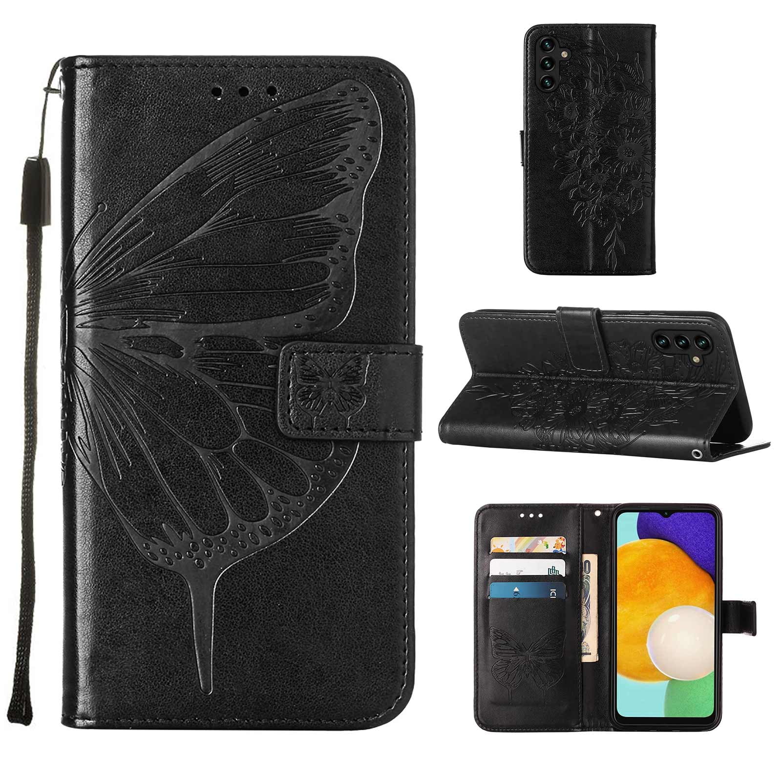 Galaxy A14 5G Wallet Case,Embossed Butterfly PU Leather Credit Card Holder Slots Full Body Protection Kickstand Flip Folio Shockproof TPU Phone Cover For Samsung Galaxy A14 5G 6.6" 2023,Black