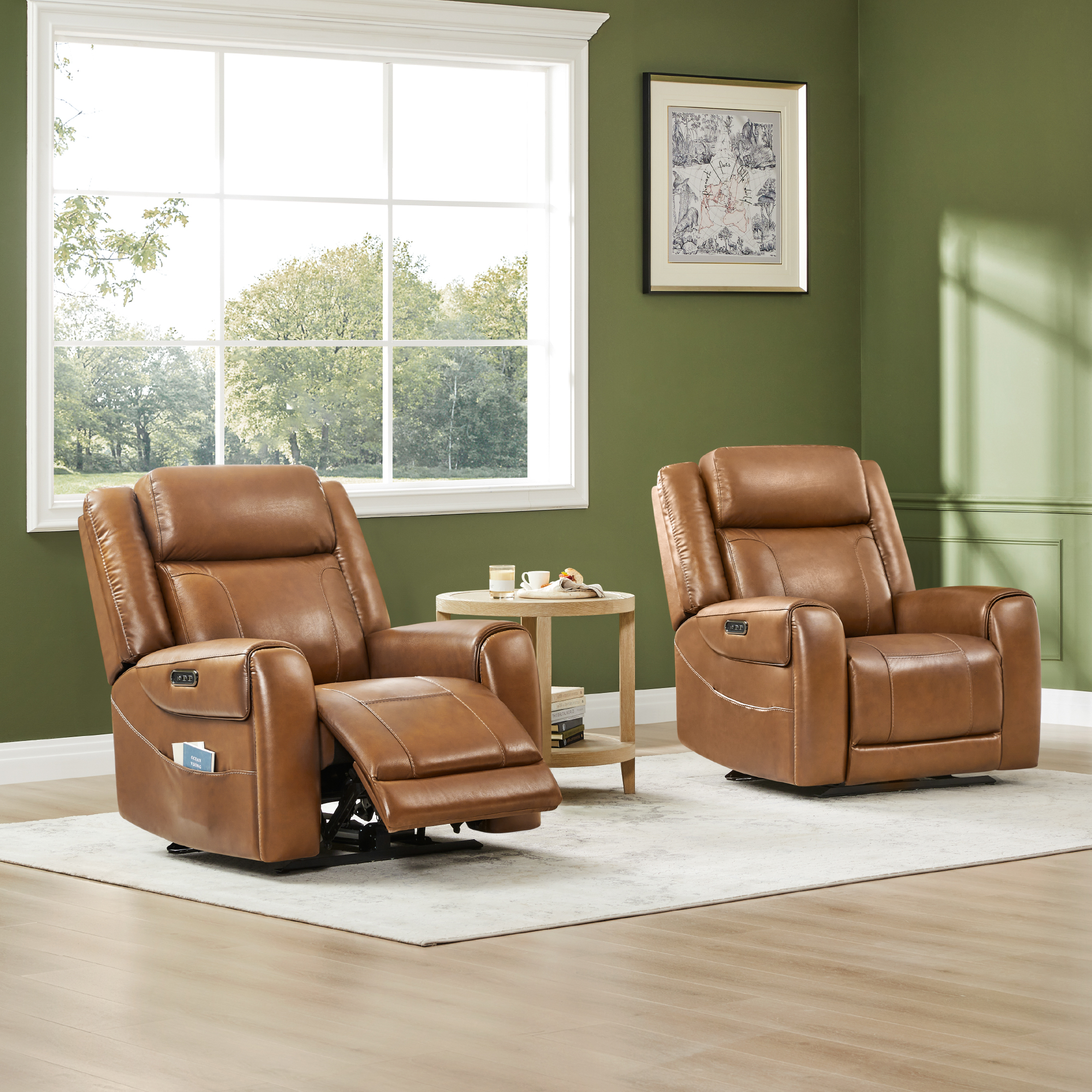 Spruce & Spring Wall Hugger Genuine Leather Power Recliner with Headrest, Saddle