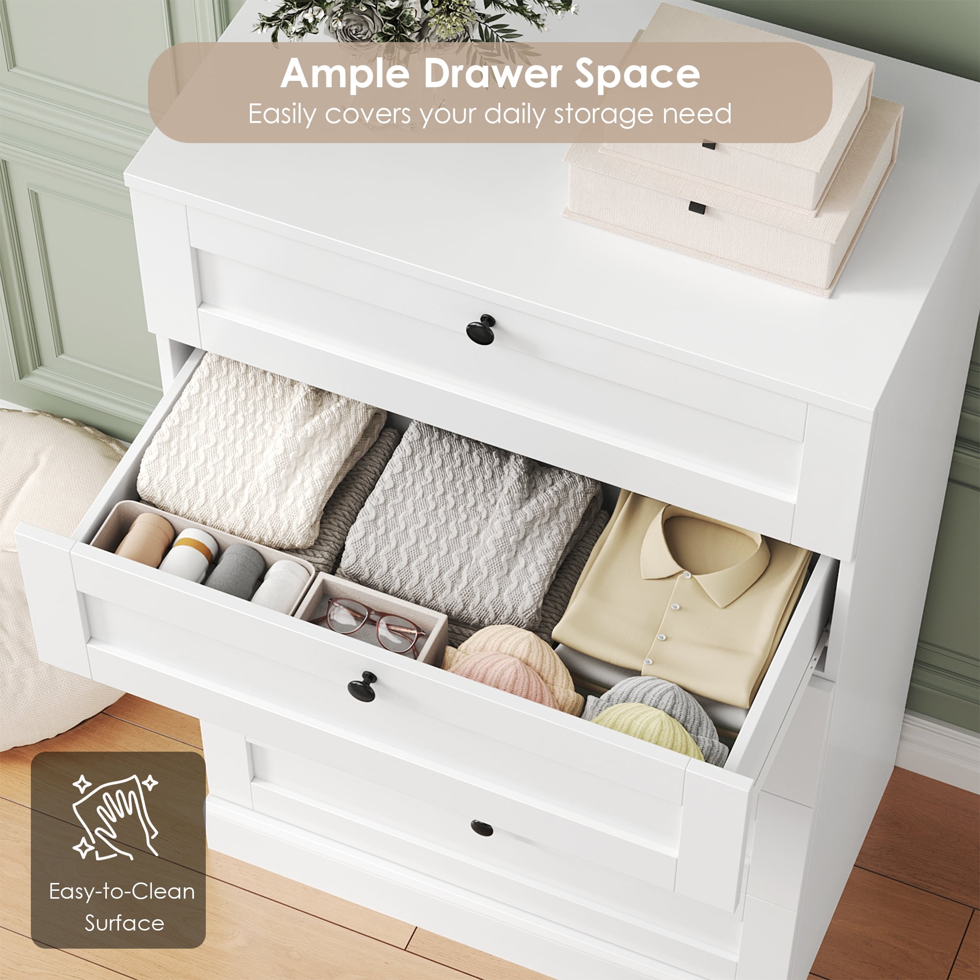 Homfa 5 Drawer Dresser, Tall White Dresser for Bedroom, Vertical Dresser Drawer Unit Wood Organizer for Living Room Entryway Small Spaces