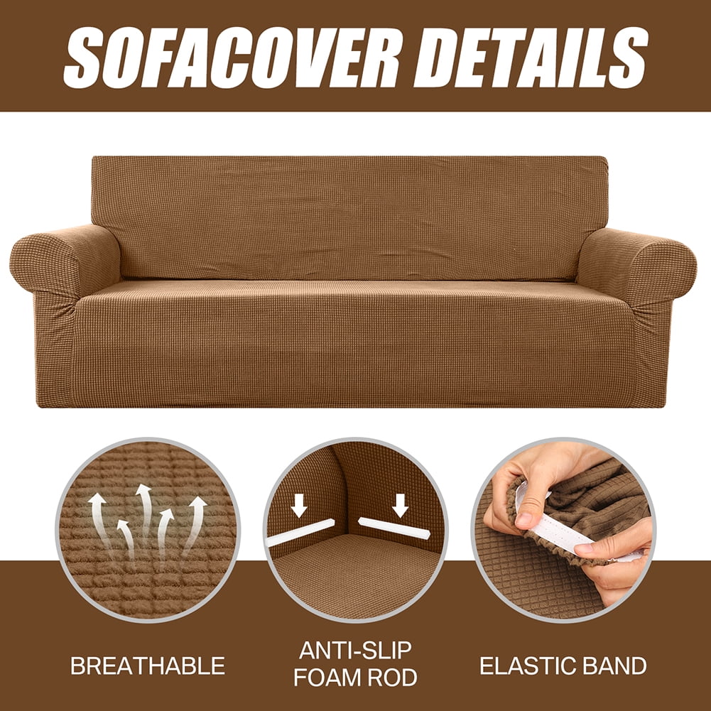 Stretch Sofa Slipcover 1-Piece Sofa Cover Furniture Protector Couch Soft with Elastic Bottom for Kids, Polyester Spandex Jacquard Fabric Small Checks with 1 Pillowcase(3 Seater, Coffee)