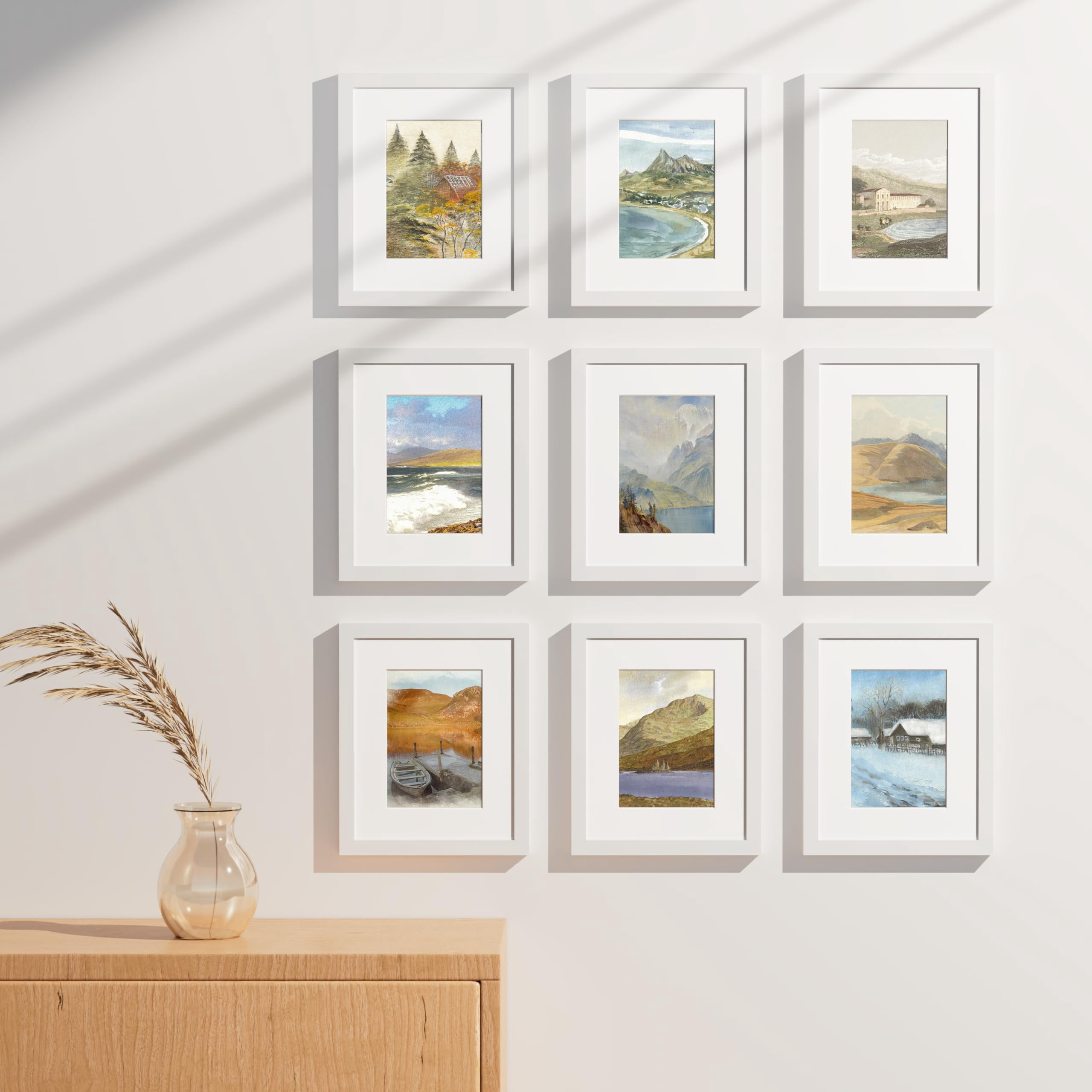 decorUhome 8x10 White Picture Frame Set of 9, Display 5x7 Pictures with Mat or 8x10 without Mat, Photo Frames for Wall or Tabletop