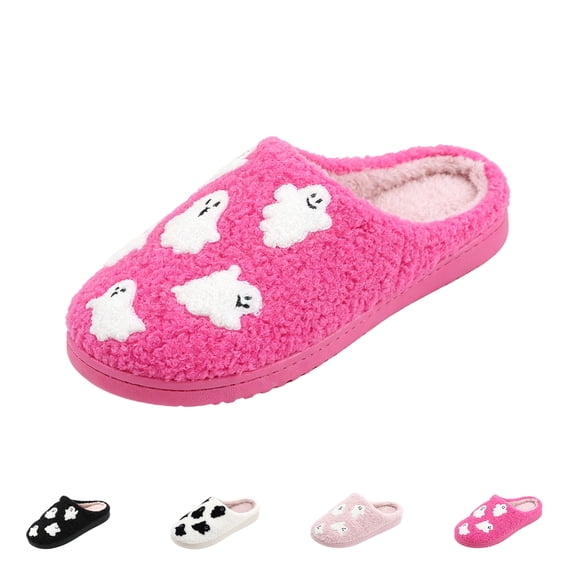 Domzle Halloween Womens Slippers Retro Memory Foam Cute Cartoon Plush Fluffy Warm Faux Fur Lined slippers Indoor House Home Winter Shoes Black