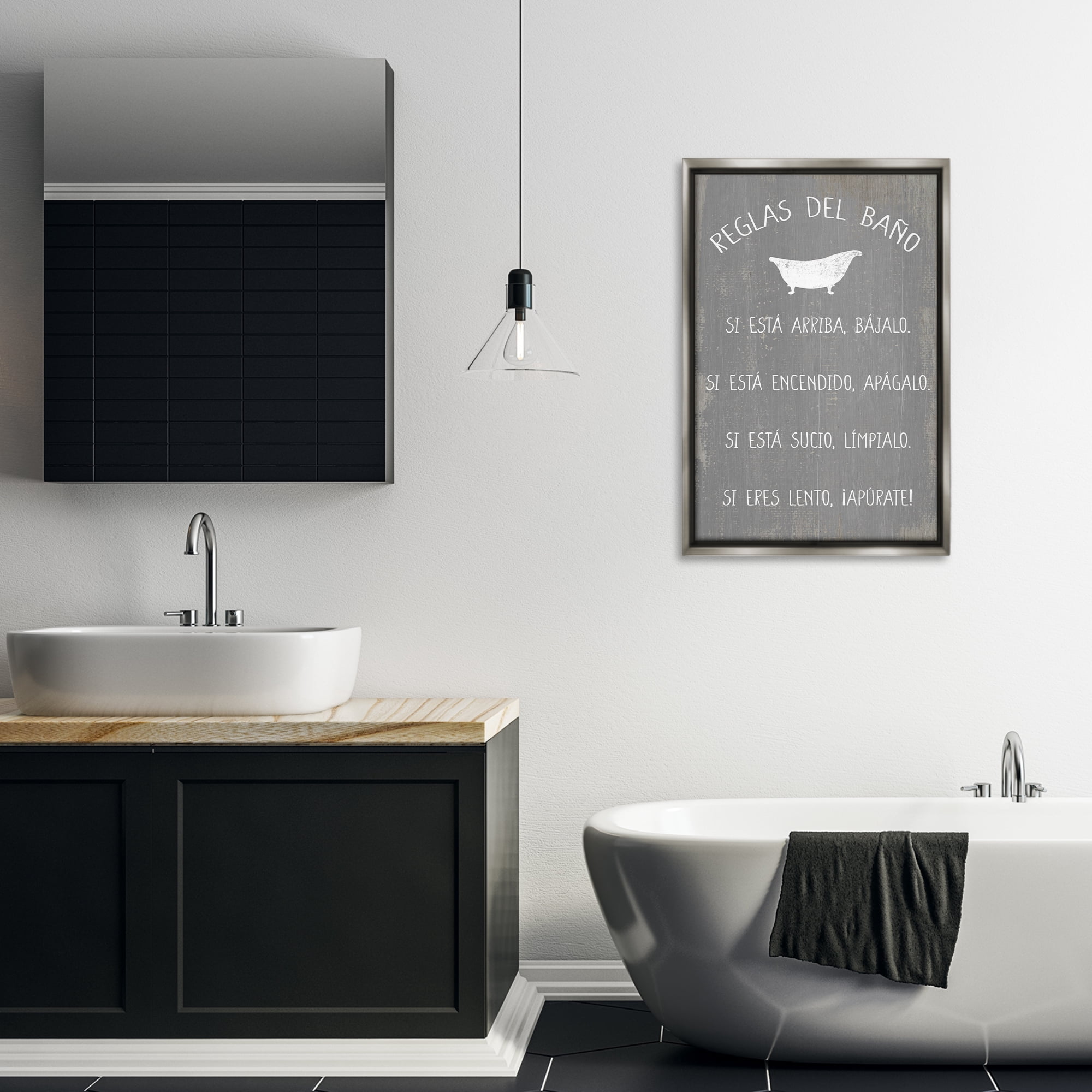 Stupell Industries Reglas Del Baño con Bañera Bath & Laundry Painting Gray Floater Framed Art Print Wall Art, 21 x 31