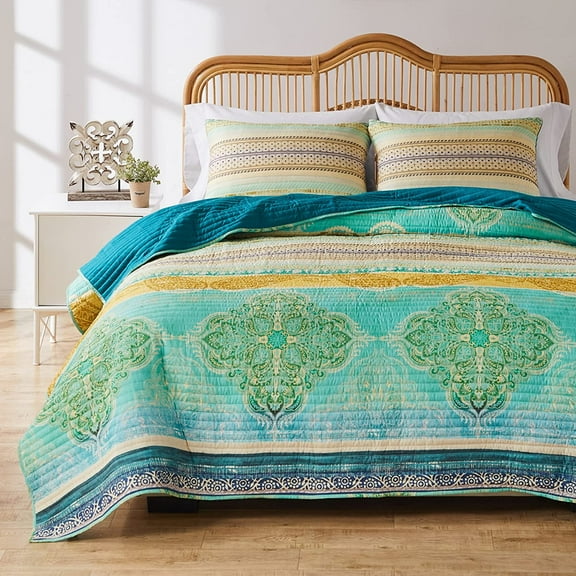Greenland Home Fashions Aurora Vintage Boho Quilt Set, Blue, 3-Piece Full/Queen