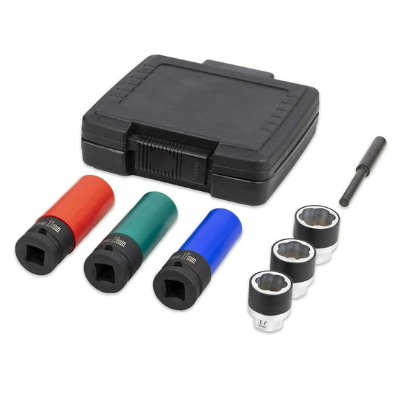 7pc 1/2-Inch Drive Non-marring Impact Deep Lug Nut Socket Set and Lug Nut Remover Extractors