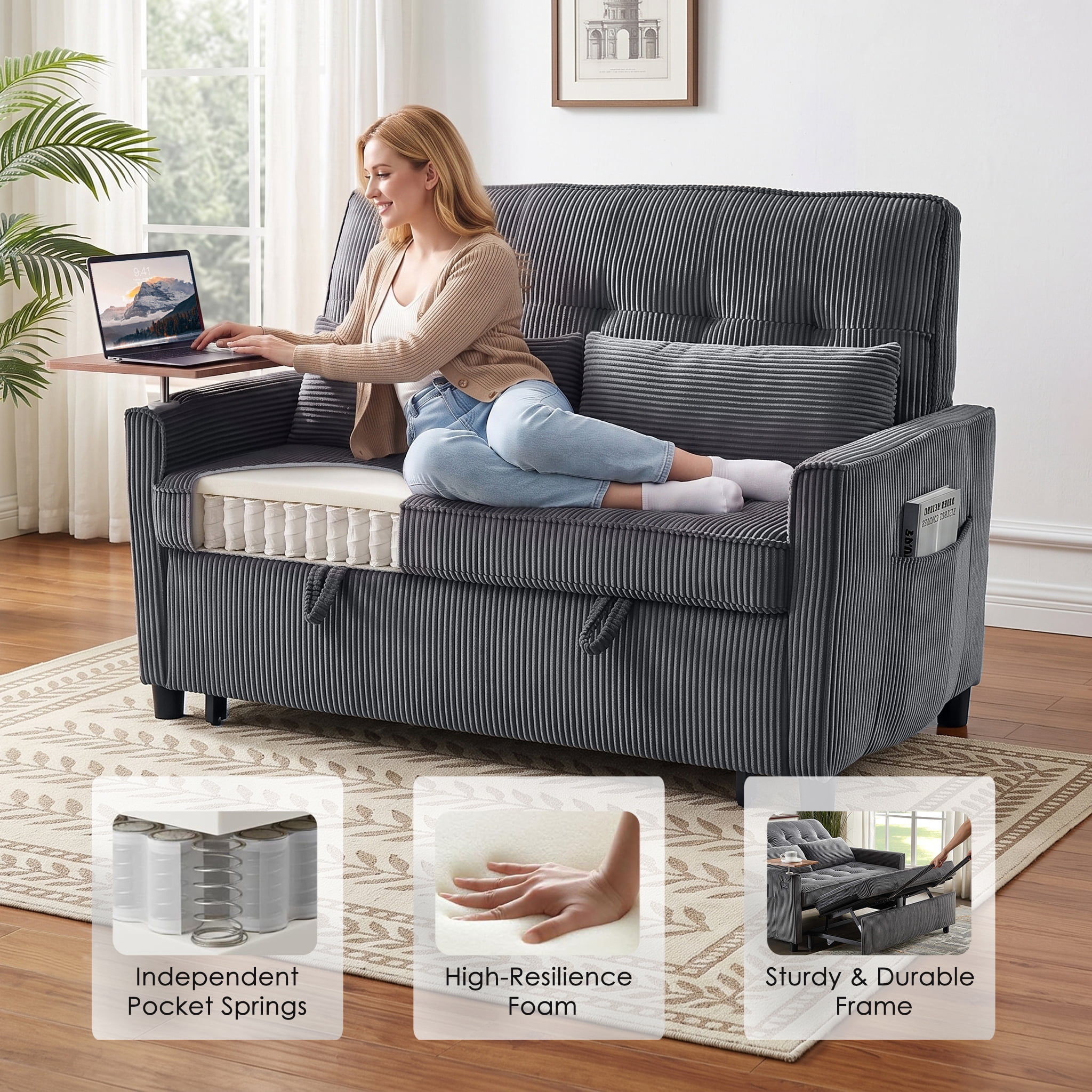 avobird 54'' 3 in 1 Pull Out Sofa Bed, Convertible Couch with Adjustable Backrest/Side Pockets/USB Charging Ports, Sleeper Sofa with small table for Living Room, Dark Gray