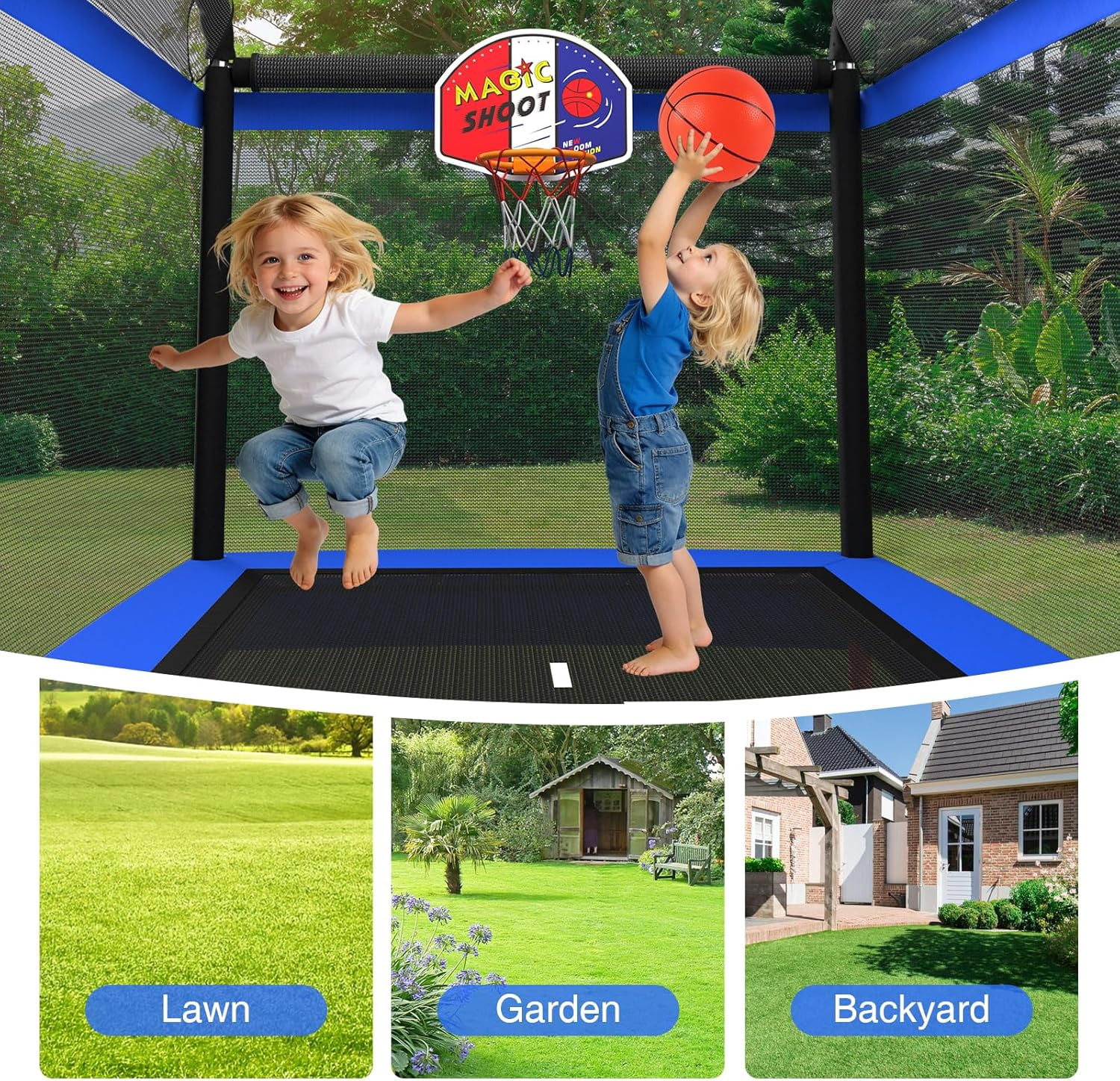 6FT Rectangle Toddler Trampoline by LANGXUN, 5-in-1 Kids Mini Trampoline Featuring Safety Enclosure Net for Indoor & Outdoor Use