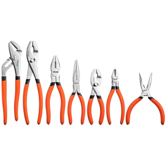 VEVOR Pliers Set 7-Piece Utility Set Polished Carbon Steel Jaw Hand Tools, For DIY & Home Use, 8" Groove Joint, 7" Combination, 6" Diagonal, 6"/8" Slip Joint, 4.5"/6" Long Nose Pliers, Non-Slip Grips