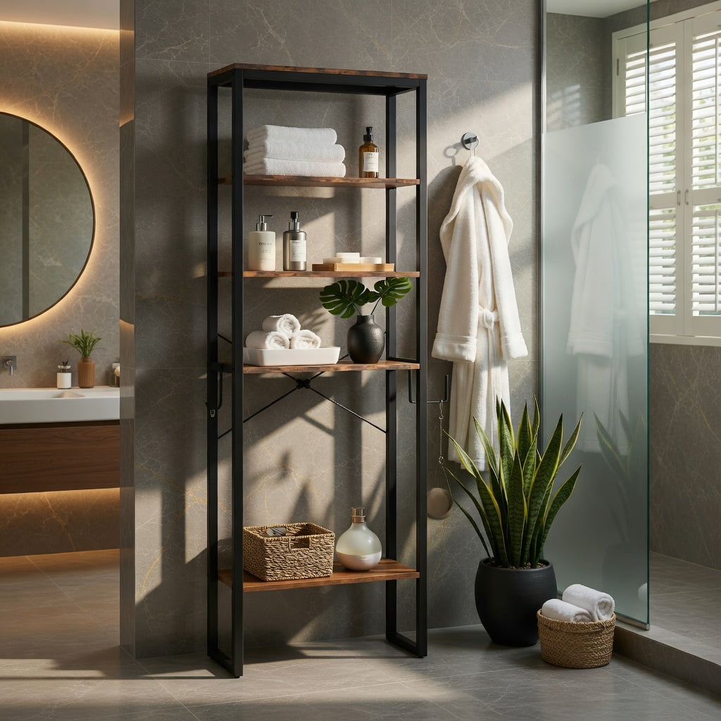 Hommoo 4-Tier Over-the-Toilet Storage Shelf Rack, Freestanding Bathroom Organizer for Small Spaces, Black