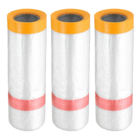 Uxcell 3 Rolls Pre-Taped Masking Film 43.3"x32.8ft Double Adhesive Tape and Drape Painters Plastic Drop Cloth Film with Tape Plastic Sheeting for Automotive Painting Covering