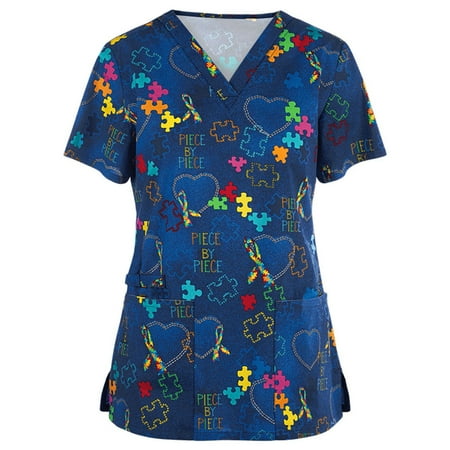

Frostluinai Savings Clearance Women s Working Uniform with Two Pockets V-Neck Scrub Top Print Short Sleeve Women Shirt S-2XL
