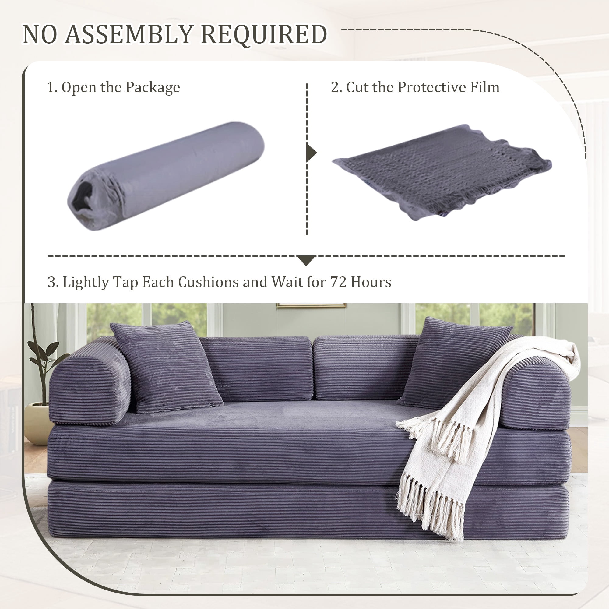 Timbernest Convertible Sleeper Sofa Bed 78" Folding Sofa Bed with 2 Pillows 3-Seat Floor Sofa for Living Room, No Assembly, Gray