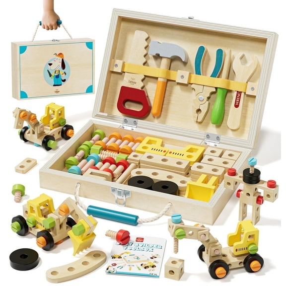 Kids Tool Set,  Wooden Tool Set with Box & Tool Accessories, Montessori Educational Pretend Play Construction Toys for 3 Year Old Boys