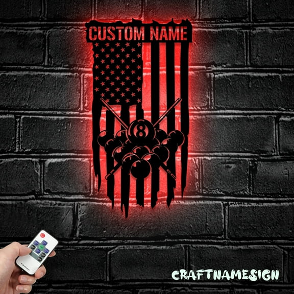 Craftnamesign Custom US Flag Billiards Metal Wall Art LED Light, Personalized Billiards Name Sign
