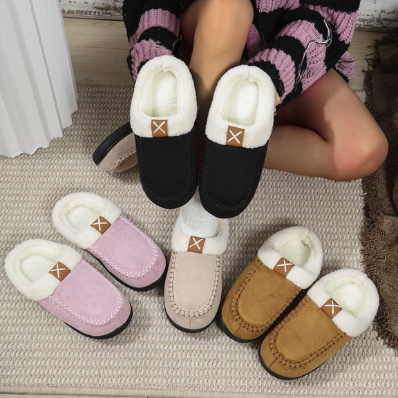 Bovxnpu Women's Warm Fuzzy Slippers Winter House Shoes, Women's Winter Fleece-Lined Slippers Couple's Indoor And Outdoor Round Toe Closed Heel Flat Shoes Comfy Soft Lightweight Indoor House Shoes