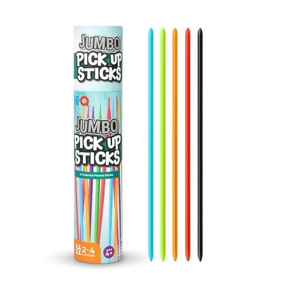 Hi-Q Jumbo Pick Up Sticks Game: 41 Brightly Colored Plastic 9.5" Pick up Sticks in Storage Can, For all Ages!