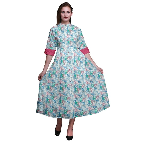 Bimba Leaves Button Down Dress Print Mandarin Collar Roll Up Sleeves Shirt Dress-X-Large