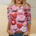 thumbnail image 1 of Offres! Aqestyerly T-Shirt Imprimé Mode Saint-Valentin pour Femmes Manches 3/4 Blouse Col Rond Hauts Décontractés, 1 of 5