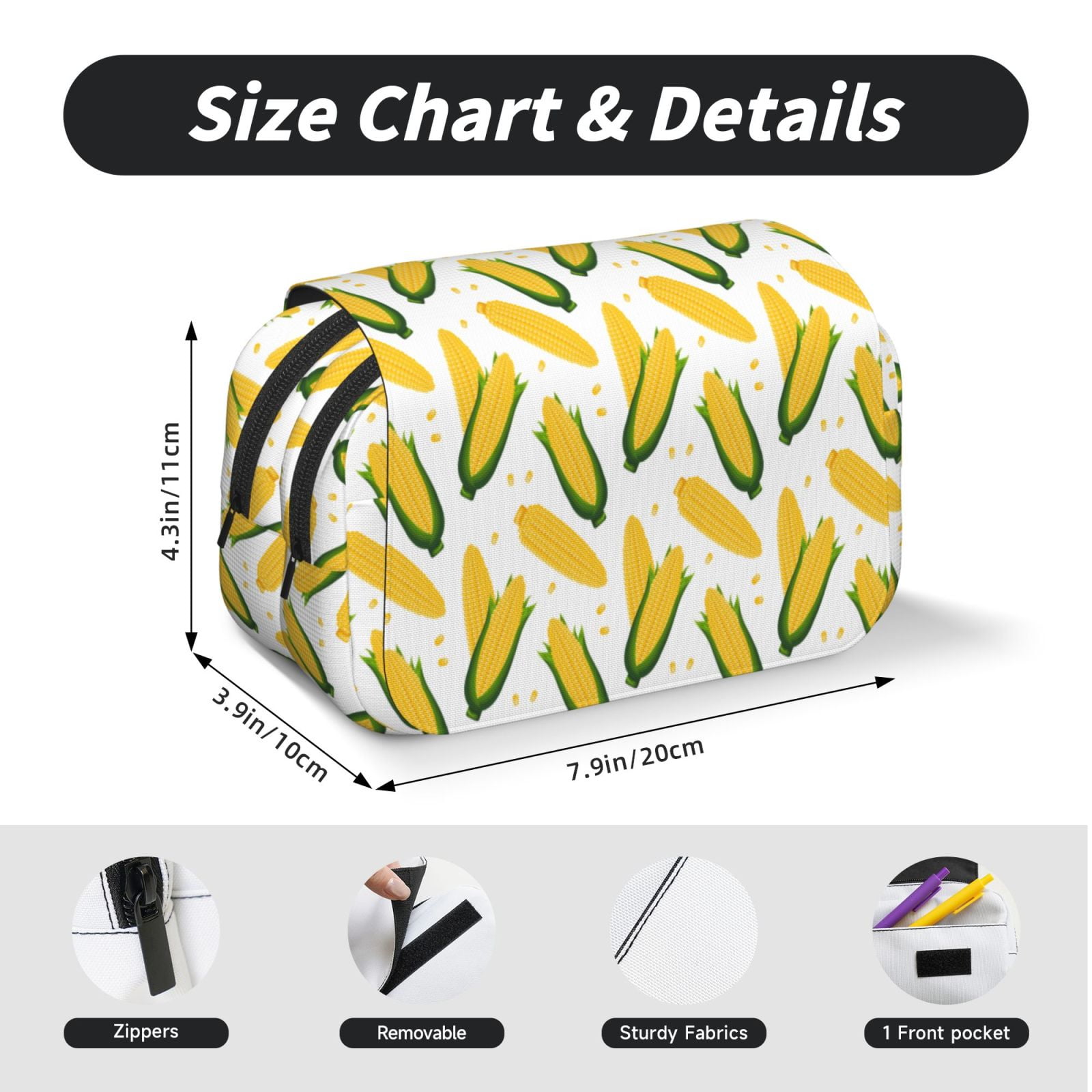 Rateoe Corn On The Cob Pattern Double Clamshell Pen Case, Storage Organizer with Two Zipper Compartments– Holds Up to 50 Pencils & Pens