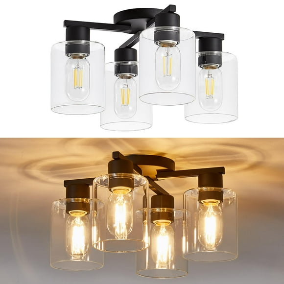 YYT Plafonnier Semi-Encastré Noir 4 Lumières Luminaires de Cuisine avec Abat-Jour en Verre pour Chambre Hall Salle à Manger