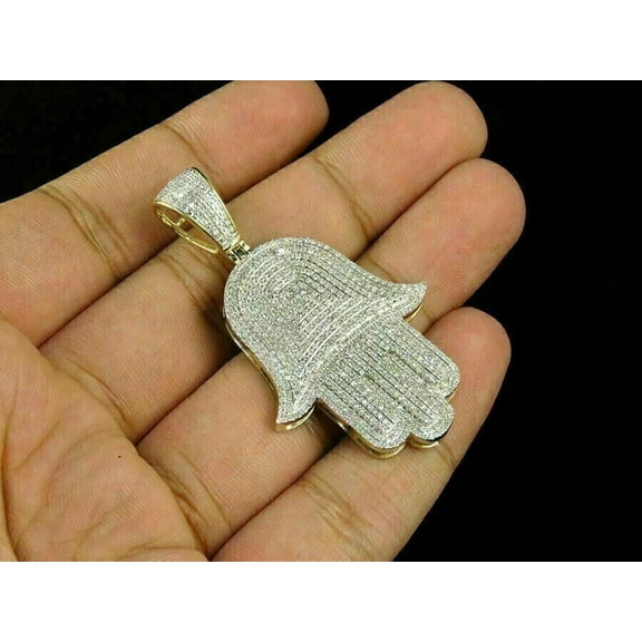 2Ct Round Cut Real Moissanite 1.5" Hamsa Pendant 14k Yellow Gold Plated Silver