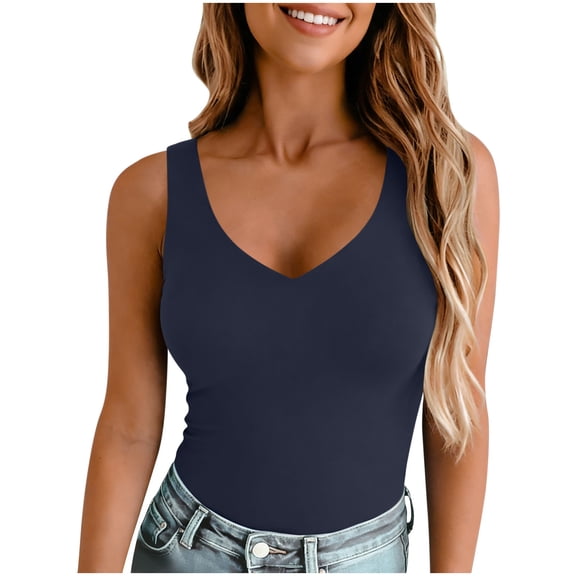 Olyvenn Women's Summer Solid V-Neck Cami Top Spaghetti Strap Basic Sleeveless Layering Tank Top Navy S